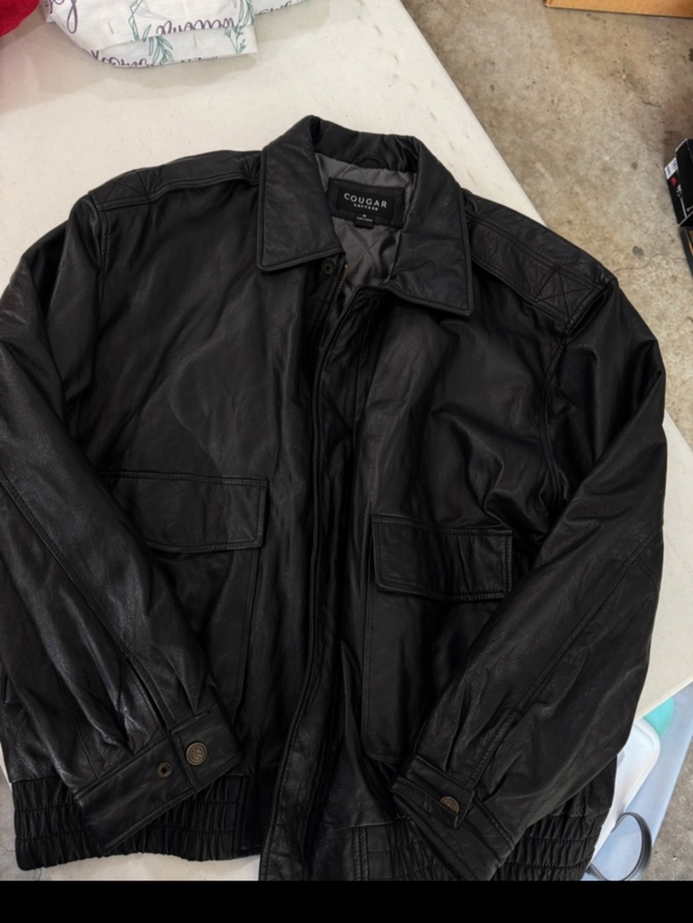 Vintage Cougar Black Leather Bomber Jacket with Flap Pockets LIKE NEW